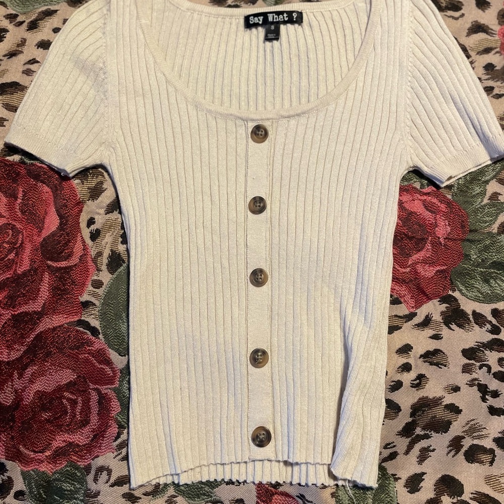 Cream Short Sleeve Ribbed Blouse